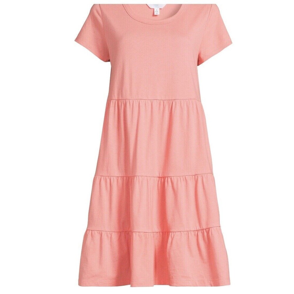NEW Time & Tru Women's Coral RoseShort Sleeve Tiered Knit Dress w Pockets Sm… - Picture 2 of 6